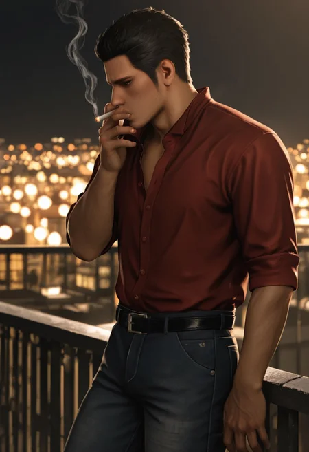masterpiece, best quality, amazing quality, absurdres, newest, blurry background, definition so sharp, Ultra-HD, 8K cinematic, very awa, impressionate, amazing quality, highres, realistic, 
solo, male focus, manly, night, city light, rooftop, 
kiryuchan, kiryuchan_black hair, kiryuchan_black eyes, 1boy, solo, male focus, short hair, facial hair, sideburns, red collared shirt, partially unbuttoned, black belt, jeans, smoking, smoke, against fence, standing, looking far away