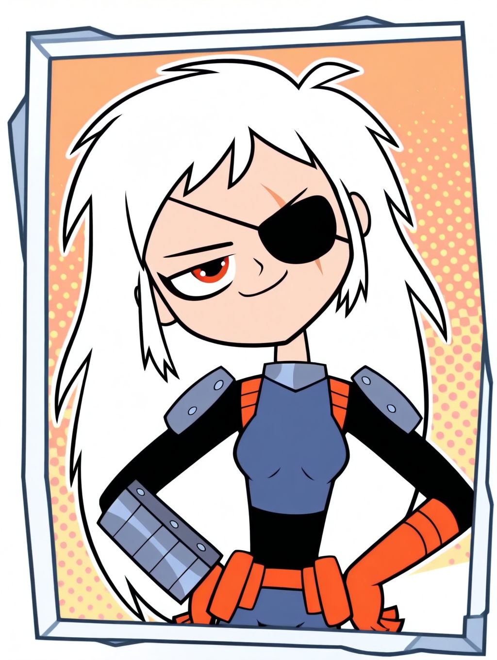 Rose_Wilson, 1girl, solo, orange eye, long hair, white hair, spiky hair, scruffy, messy, bangs, black eye-patch, scar eye, bodysuit, blue armor, metallic knee pads, orange gloves, orange utility belt, metal wrist cuffs,  (smile, dutch angle, Hands on hips,naughty pose, looking at viewer, solo, dynamic pose, upper body, head tilt,),(( dynamic halftone dot background, stylized background, White frame, Square frame, white outline))