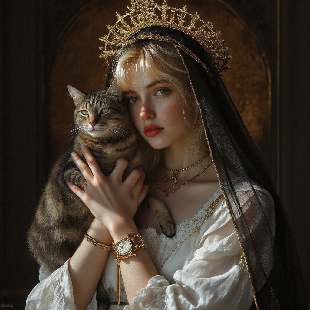 Religious iconography, female figure, blonde hair, holding cat, golden halo, black veil, white dress, ornate details, serene expression, digital art, mystical theme, high contrast, dramatic lighting, intricate design, golden accents, ethereal atmosphere.logoan