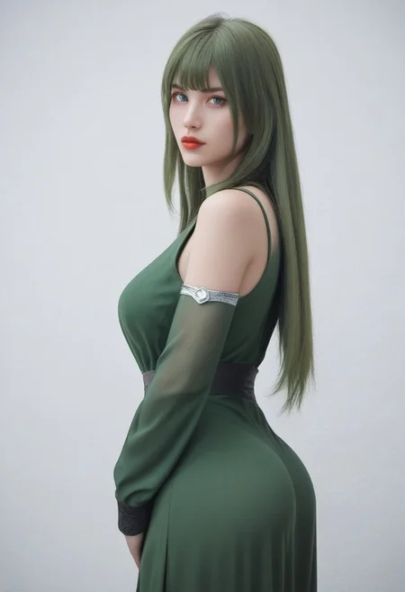 score_9, score_8_up, score_7_up, score_6_up, 3d, realistic, Tantai Lingying, solo, green hair, long hair, floating hair, green eyes, red lips, seductive face, detailed eyes, curvy, hourglass body, naturally sagging huge breast, bare shoulder, wide hips, large butt, bubble butt, sexy pose, Tantai Lingying clothes, Tantai Lingying sleeves, looking at viewer, side view, standing, natural light, easynegative, Expressiveh, pureerosface_v1, ng_deepnegative_v1_75t