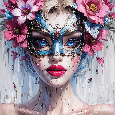 Mask impressionism, 1girl, solo, flower, portrait, blue eyes, mask, lips, makeup, mole, pink flower, looking at viewer, hair flower, hair ornament, red lips, lipstick, closed mouth, eyelashes, mole under eye, bug, rose, red flower, butterfly <lora:add-detail-xl:1>. <lora:ArsMJStyle-ImpressionismSDXL:1>