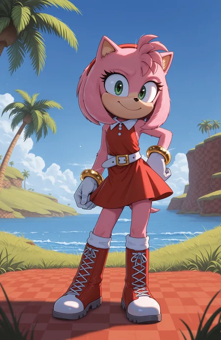 1girl, solo, full body, no humans, furry,
<lora:Movie-Amy-AdamW:1> movieamy, petite, short legs, happy, smile,
red hairband, red dress, sleeveless dress, backless outfit, white belt, collared dress, white socks, white gloves, standing, lace-up boots, red boots,
contrapposto, standing, smile, looking at viewer, hand on own hip, gold bracelet,
<lora:Green_Hill_Zone-IL:0.8> gr33nh1ll, outdoors, blue sky, palm tree, grass, water, checkered dirt, extremely detailed, highres, masterpiece, best quality
