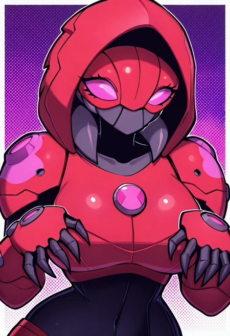 masterpiece, best quality, amazing quality, very aesthetic, absurdres, newest,, detailed background, 
waterhazard, solo, red armor, red hood up, , helmet,  mecha, alien, claws, pink eyes, 1girl
 upper body, halftone effect, white borders, abstract background:1.2,
welith, curvy, busty, black skin, pose, pink spots,