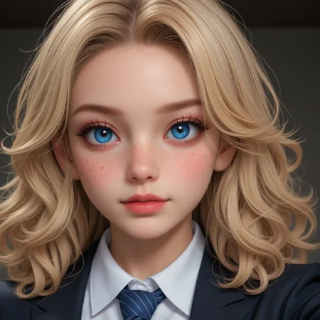 best, masterpiece, Domi with wavy blonde hair and blue eyes, extreme closeup, exotic colorful makeup, model face, model pose, selfie, highly detailed skin texture, freckles, highly detailed photo, professional photograph, dynamic lighting