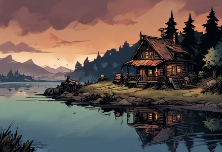 Man fishing by lake, comicish artwork in dgst artstyle, Cabin