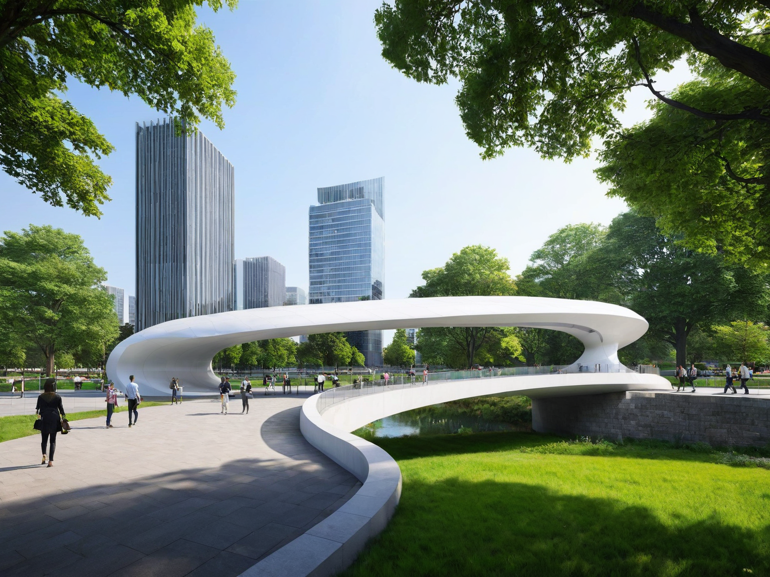 The image showcases a modern architectural design, possibly a pedestrian bridge or walkway, with a sleek, curving white structure. This bridge connects two parts of a city with a lush green park in the foreground. The park is adorned with blossoming trees and people can be seen walking or standing around. In the background, there are several tall buildings, including skyscrapers, suggesting that this is a cityscape. The atmosphere appears calm and serene, with a clear sky overhead.<lora:binshui-000025:0.6>