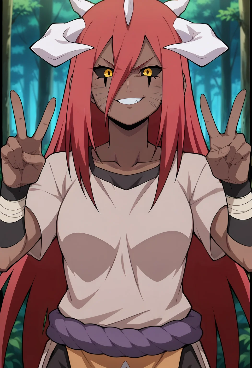 forest, solo, looking at viewer, upper body, evil grin, double v,
ctayuya,very long hair, hair between eyes, red hair,long bangs, horns, black sclera,yellow eyes,dark skin,facial mark, medium breasts, collarbone,
tunic,grey dress, rope, short sleeves, black sports bra,black shorts, black armband, toeless footwear, bandages, pelvic curtain,
anime screencap, masterpiece, best quality, <lora:ctayuya v1:0.9>,