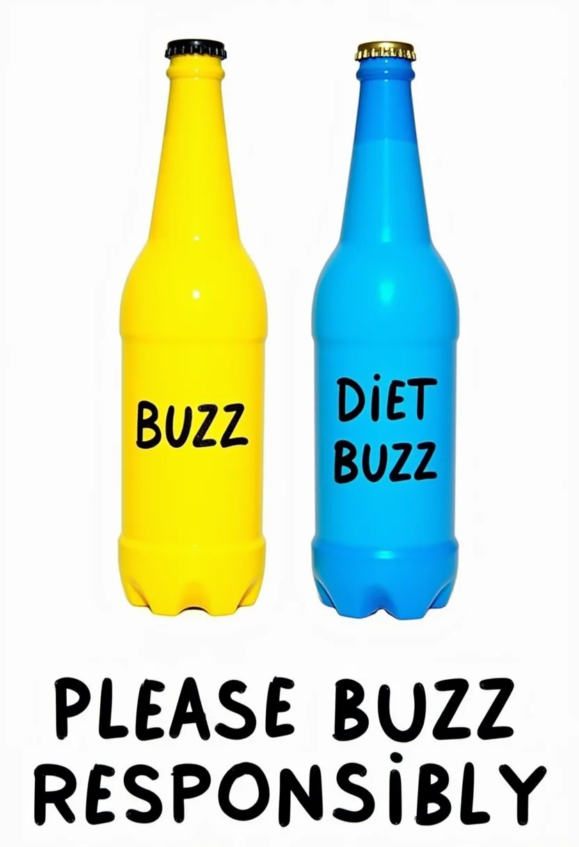A yellow pop bottle labelled with the text: "BUZZ" next to a blue pop bottle labelled with the text: "DIET BUZZ". At the bottom is the meme text: "PLEASE BUZZ RESPONSIBLY". aidmaTextImprover, <lora:TextimproverV0.4:1>