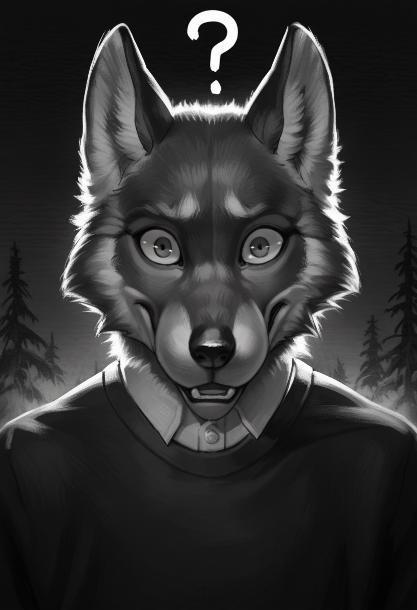 Graphic Design, greyscale, monochrome, intricate details, high contrast, detailed background, beautiful detailed, beautiful face, detailed eyes, detailed face, new, z41ch1k, 1boy, solo, male focus, furry, wolf, portrait, (confused:1.4), looking at viewer, dynamic pose, outdoors, shirt, (masterpiece, best quality, newest, recent, absurdres), 