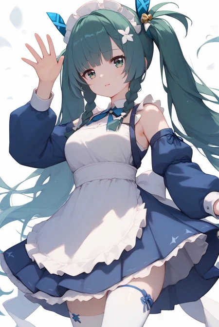 score_9,score_8_up,score_7_up,score_6_up,
<lora:Zero_Qing yi_pony:0.8>,Zero_Qing yi,1girl,solo,green eyes,twintails,long hair,bangs,twin braids,green hair,side braided hair,bare shoulder,waving,maid uniform,white thighhighs,
white_background,simple_background,