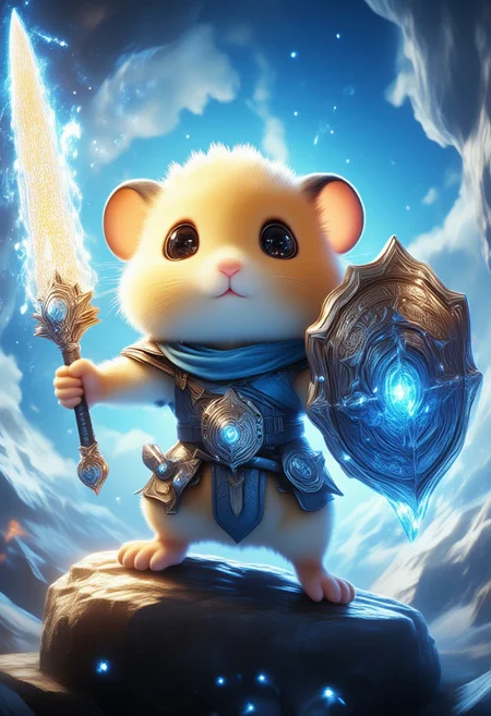 Hamtaro, with a massive, glowing mythical sword in one hand and an intricately designed shield in the other. The sword is engraved with ancient runes, radiating magical energy, the shield gleams with a magical aura. 