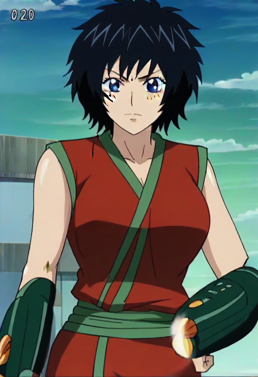 short black hair, blue eye, Scar on right cheek, red sleeveless outfit with green trim,, ,,,,,anime coloring, anime screencap , 1girl,Solo ,, anime,,PUFFY nipple,huge breasts,,, official art,,Uncensored ,Unedited ,,,, ,, ,, , ,,, ,, , ,,,