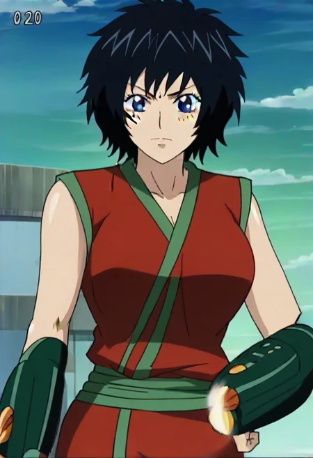 short black hair, blue eye, Scar on right cheek, red sleeveless outfit with green trim,, ,,,,,anime coloring, anime screencap , 1girl,Solo ,, anime,,PUFFY nipple,huge breasts,,, official art,,Uncensored ,Unedited ,,,, ,, ,, , ,,, ,, , ,,,