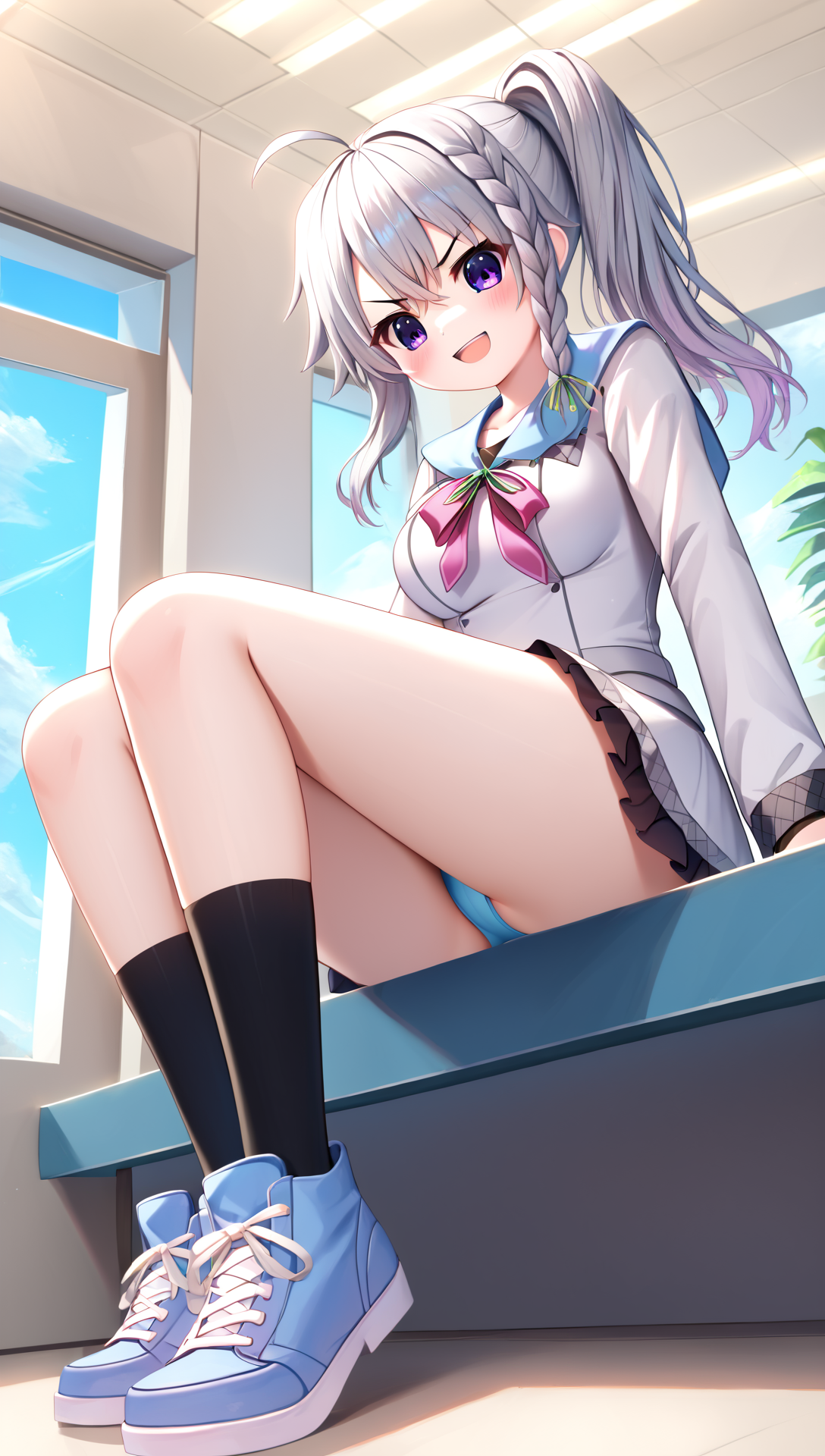 zPDXL2, rating_questionable, source_anime, 4k quality, detailed background, detailed eyes, mall, sitting on bench, from below, upskirt, blue panties, dutch angle, smile, open mouth, angry eyebrows, <lora:niimi-sora-xl-08:1>, niimi sora, ahoge, medium breasts, sorairo school uniform, black kneehighs, blue sneakers