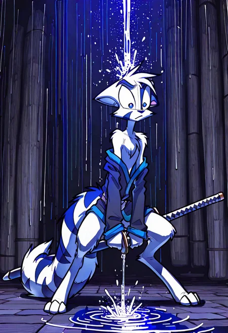 Mace, Dreamkeepers, 1boy, anthropomorphic, feline-like, white fur, spiky hair, masterpiece, best quality, chest fur, <lora:Dreamkeepers_Mace_Illustrious:0.8>,
,masterpiece, best quality, amazing quality, male, score_9, score_8_up, score_7_up, solo, no text, high detailed, high quality, masterpiece, no text, quality highlights, 8k detail, detailed background, ultra-detailed, high quality, best quality, rendering, high resolution, best render quality, standing, facial features, white skin, Japanese Temple, medium bushy tail, male, detailed hair, narrow shoulders, one tone torso, two tone face, two tone tail, sexy, vibrant details, fluffy fur, blue eyes, wide curves, black nose, Blue and black robe, katana, serious expression, looking cool, rain pouring down, dark lighting, jumping a gap, intense expression, angry, determined, Odachi,