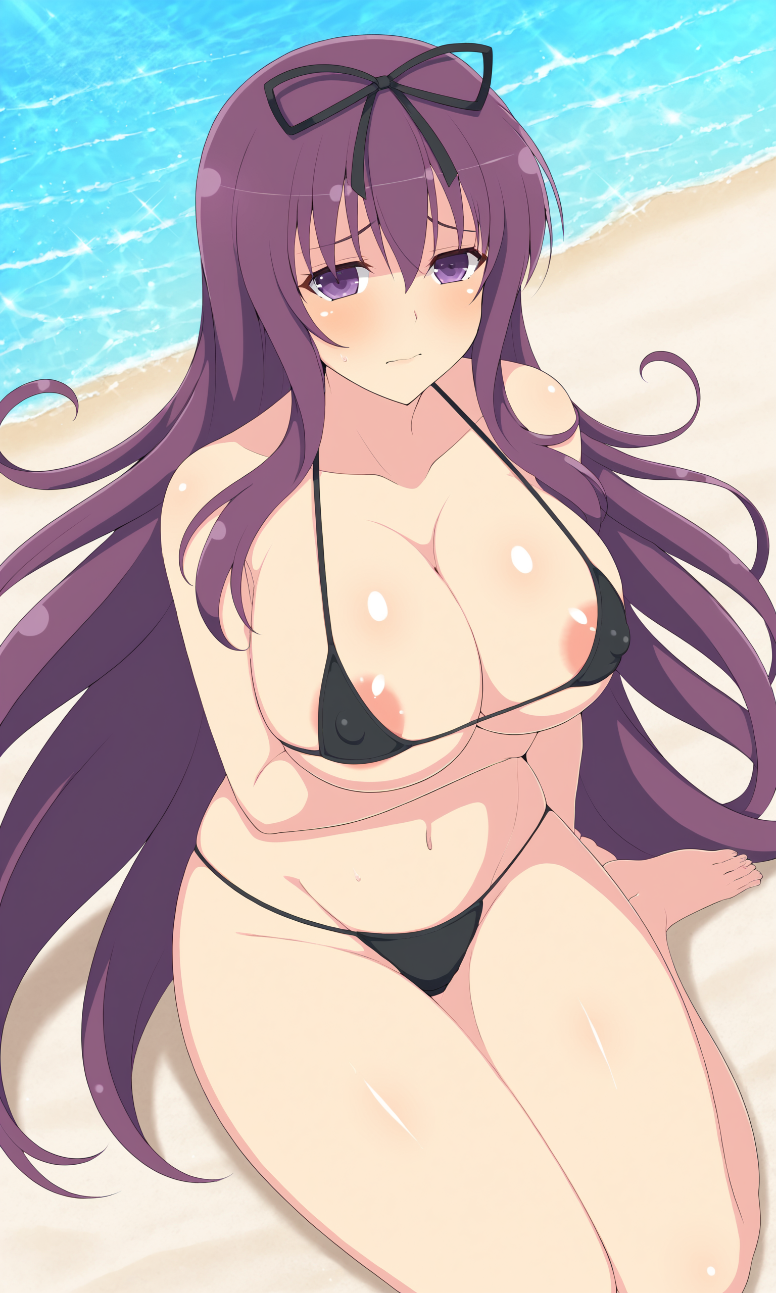 1girl, murasenran, purple_eyes, purple_hair, very_long_hair, large_breasts, hair_ribbon, black_ribbon, black_bikini, micro_bikini, embarrassed, outdoors, beach, water, day, areola_slip, arm_under_breasts, looking_at_viewer, wariza, sitting, from_above