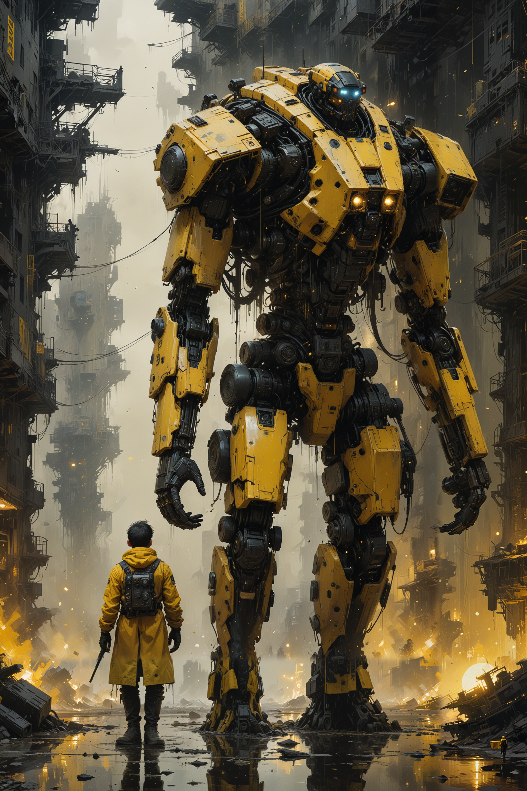 science fictional movie still, ((in style of Jeremy Mann and Wadim Kashin)), (black and yellow), vintage, masterpiece, visually stunning, evocative, best quality, very intricate and detailed,