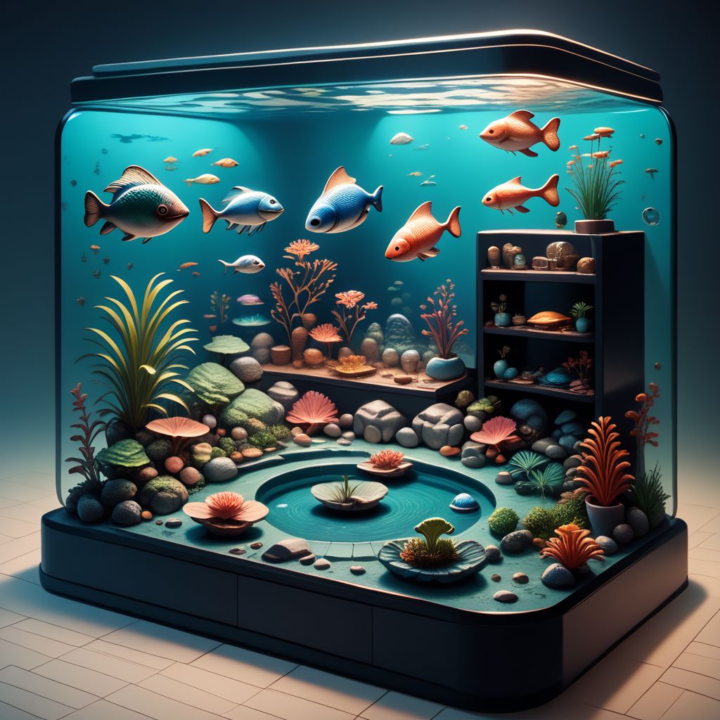 isklzks, an isometric diorama of a miniature aquarium encased bedroom scene, no humans, isometric view, diorama, isometric, miniature, score_9, score_8_up, score_7_up, score_6_up