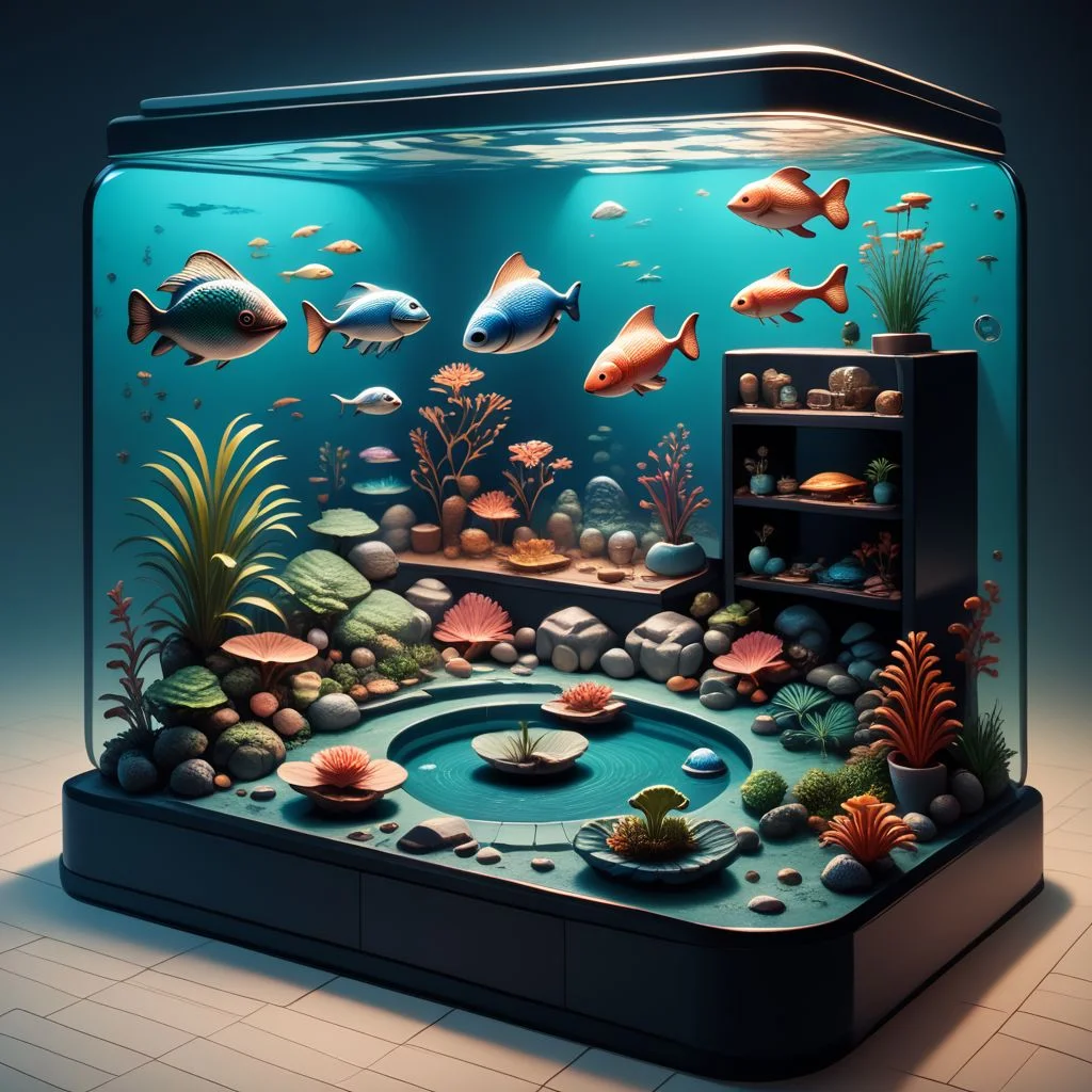 isklzks, an isometric diorama of a miniature aquarium encased bedroom scene, no humans, isometric view, diorama, isometric, miniature, score_9, score_8_up, score_7_up, score_6_up