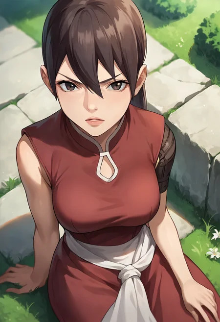 score_9, score_8_up, score_7_up, masterpiece, source_anime, 1girl, solo, ct_balsa, large breasts, ponytail, sleeveless shirt, sash, looking at viewer, outdoors, sunny, sitting, from above, looking up, v-shaped eyebrows, <lora:BalsaYonsa_Pony_ct:1>