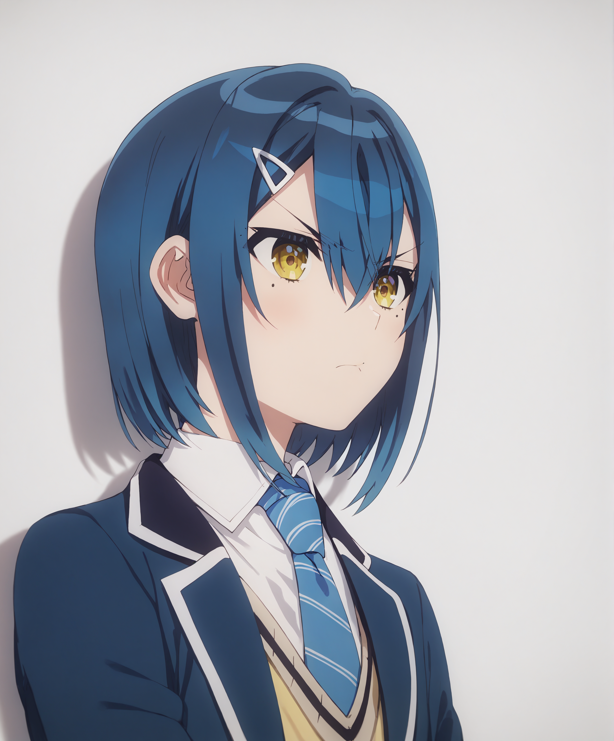 score_9, score_8_up, score_7_up, highres, hi res, best quality, masterpiece, 2d, intricate details, 4k, anime coloring, shadow, uncensored,
1girl, solo, female, yellow eyes, blue hair, mole, short hair, mole under eye, hair ornament, hair between eyes, hairclip, v-shaped eyebrows, frown,
shirt, jacket, school uniform, white shirt, necktie, collared shirt, blue jacket, blazer, portrait, blue necktie, striped necktie, diagonal-striped clothes, diagonal-striped necktie,
cowboy shot, looking at another,
white background, simple background, <lora:Chika_Watanabe1024_Pony:1>