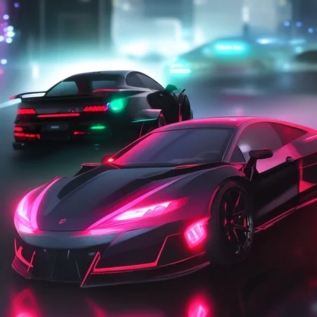 a photo of a futuristic car with red and blue lights on it's side and a black car with red lights on its side, art by carstestv3