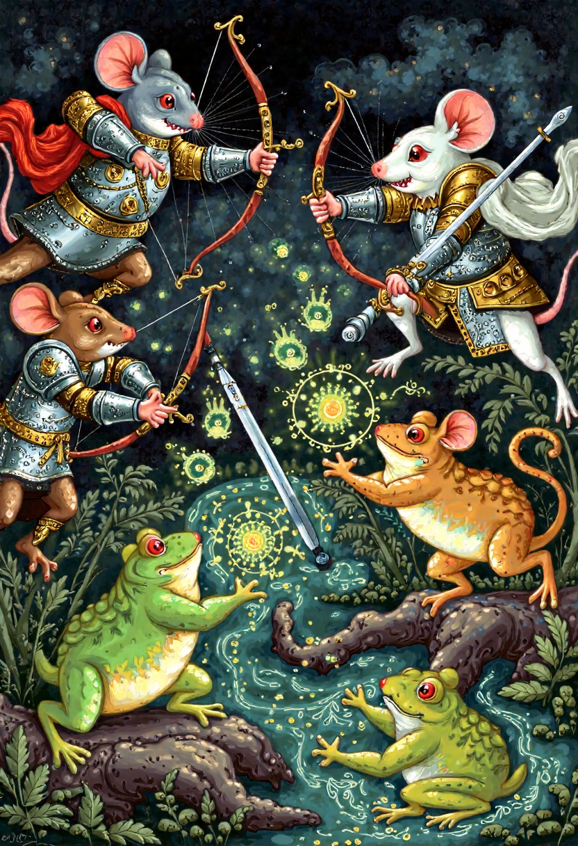 Clip L palech_styleIllustrate a fantastical battle scene between mice and frogs. The mice should be robust, armored fighters wielding bows and swords, while the frogs should be smaller and less well-armed, relying on magic and trickery to defeat their larger opponents. The setting could be a swampy battlefield under a murky sky, with vines and branches littering the ground. Show detailed animations of the mice's intricate armor designs and the frogs' magical spells, like flickering lights and floating objects. Use a muted color palette for the frogs and a brighter, more vibrant one for the mice to create contrast and excitement. The overall effect should be a whimsical yet tense clash of species, showcasing the ingenuity of both sides in the face of adversity. Illustration in the palech styleT5XXLpalech_styleIllustrate a fantastical battle scene between mice and frogs. The mice should be robust, armored fighters wielding bows and swords, while the frogs should be smaller and less well-armed, relying on magic and trickery to defeat their larger opponents. The setting could be a swampy battlefield under a murky sky, with vines and branches littering the ground. Show detailed animations of the mice's intricate armor designs and the frogs' magical spells, like flickering lights and floating objects. Use a muted color palette for the frogs and a brighter, more vibrant one for the mice to create contrast and excitement. The overall effect should be a whimsical yet tense clash of species, showcasing the ingenuity of both sides in the face of adversity. Illustration in the palech style