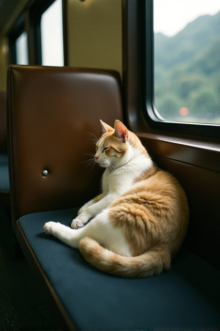 Japanese Culture Style, Emotional Photos, 35mm film, soft focus, Japanese cat sleeping on a train seat, Warm atmosphereâââ
