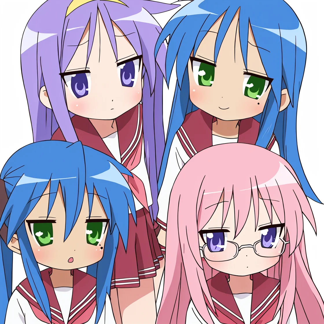 lucky star, masterpiece, best quality, multiple girls, 4girls, ryouou school uniform, mole, school uniform, mole under eye, long hair, serafuku, purple hair, neckerchief, glasses, pink hair, red neckerchief, blue hair, ahoge, short hair, green eyes, purple eyes, twintails, parody, siblings, pink neckerchief <lora:lucky_star_offset:1>