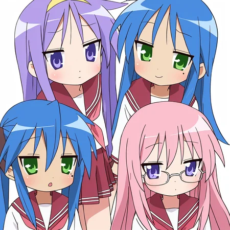 lucky star, masterpiece, best quality, multiple girls, 4girls, ryouou school uniform, mole, school uniform, mole under eye, long hair, serafuku, purple hair, neckerchief, glasses, pink hair, red neckerchief, blue hair, ahoge, short hair, green eyes, purple eyes, twintails, parody, siblings, pink neckerchief <lora:lucky_star_offset:1>