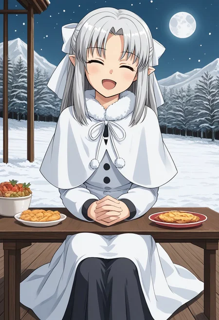 1girl, solo, len, shiro, outdoors, dark blue sky, moon, snow, sitting, floor, table, behind table, food, hotpot, hands together, closed eyes, open mouth, smile,