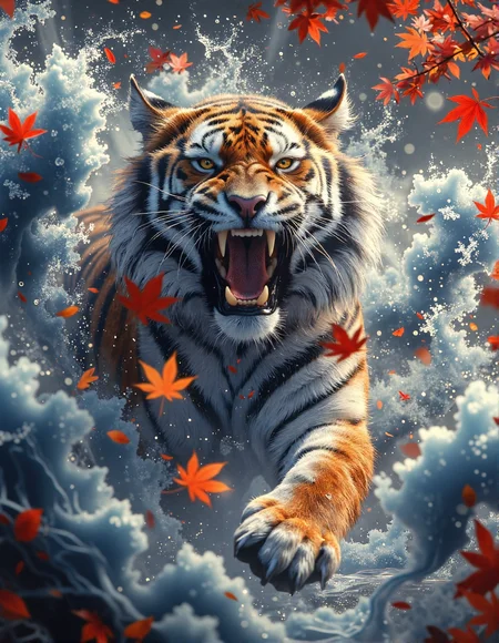 dramatic, stylized digital painting of a roaring Bengal tiger emerging from a swirling snowstorm. The tiger is the central focus, facing directly forward with a fierce, open-mouthed roar, showcasing its teeth and powerful expression. The tiger is surrounded by stylized waves of white and blue snow, resembling fluid brushstrokes and stylized clouds. Interspersed throughout the snow and around the tiger are bright red-orange maple leaves or similar foliage, adding vivid color contrast. The background is a soft, muted grey-blue, emphasizing the tiger and the swirling snow. Capture the scene in a bold, painterly style, reminiscent of traditional Asian ink wash paintings but with vibrant digital colors and textures, focusing on the tiger's powerful presence and the dynamic movement of the snow, <lora:RetroAnimeFluxV1:0.4>, <lora:FantasyWizardWitchesFluxV2-000001:0.7>, <lora:aura_v2_beta2:0.6>, <lora:anhei_first_flux_lora_v1:0.3>