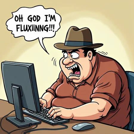 Cartoon of an overweight man wearing a fedora, hunched over a computer keyboard typing furiously. The man is sweating and has a crazed, frantic expression on his face. His mouth is open. A speech bubble coming from the man reads "OH GOD I'M FLUXIIINNNG!!!"