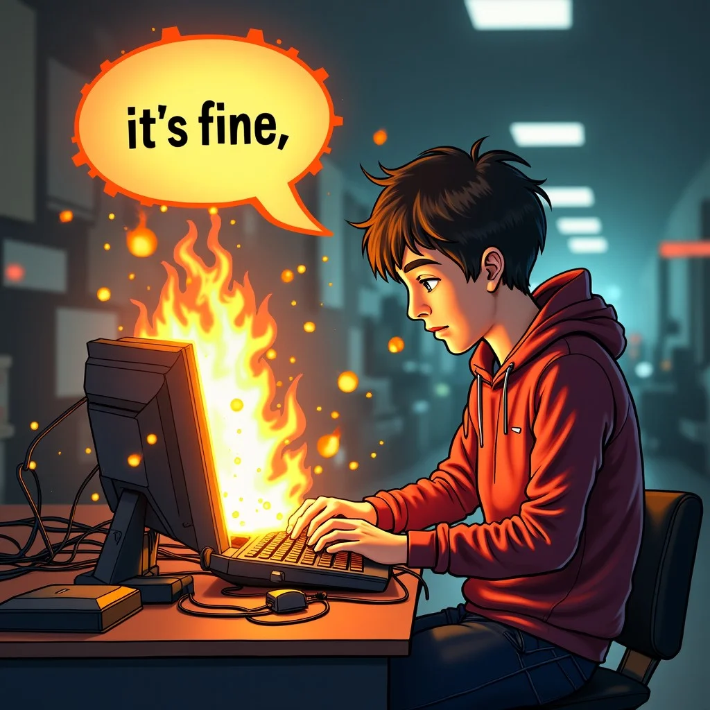 Realistic Photo of nerdy college techie Fanning a burning computer, a large speech bubble says "it's fine"