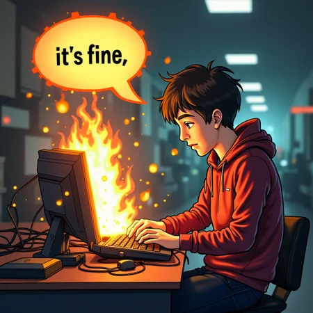Realistic Photo of nerdy college techie Fanning a burning computer, a large speech bubble says "it's fine"