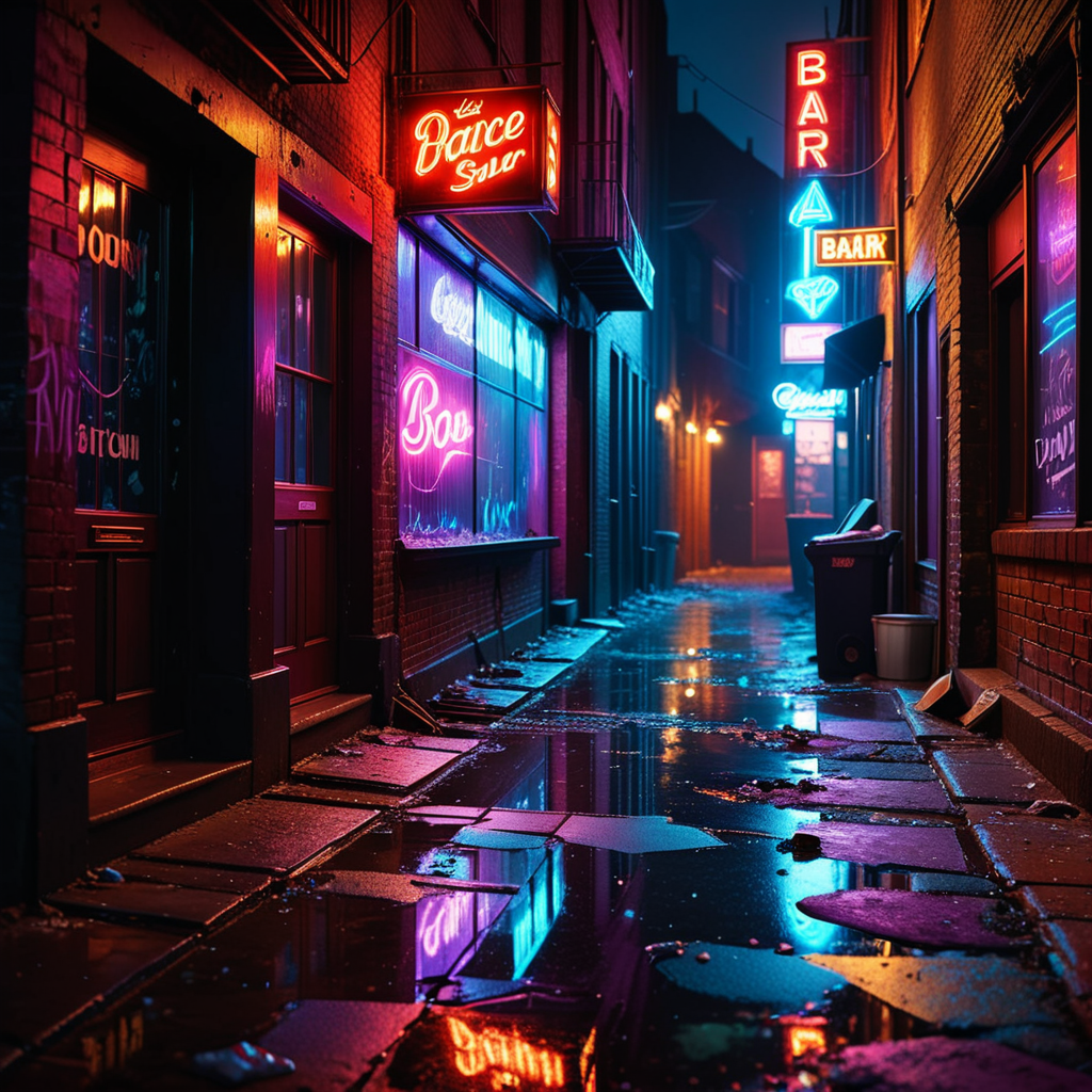 A dark and grimy alleyway behind a dance bar at night, illuminated by dim, flickering neon lights in shades of red and purple. The alley is narrow and lined with aged, graffiti-covered brick walls. Scattered trash and puddles reflecting the dim light create a gritty atmosphere. The scene feels damp and unwelcoming, with faint traces of smoke and steam rising from a nearby vent. Broken glass and discarded items litter the uneven ground. The distant hum of a neon sign and faint sounds of music leaking from the bar add to the urban, moody ambiance of the night.
<lora:SDXLFaeTastic2400:0.4> <lora:extremely_detailed:0.4> extremely detailed, Masterpiece,best quality,hi res,8k,hi res,8k,award winning,(sharp focus, intricate, highly detailed),
