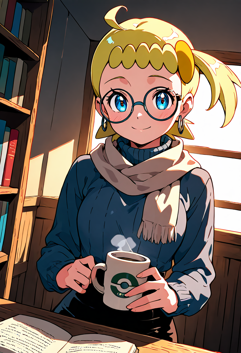 masterpiece, best quality, solo, curvy, beautiful eyes, narrow waist, wide hips, 1girl, solo, smile, looking at viewer, dynamic angle, foreshortening, close up,    zzBonnie, bonnie_(pokemon), blue eyes, ahoge, blonde hair, hair ornament, short hair, side ponytail,  ,<lora:BonniePokemonIXL:1.0>, [Cozy Intellectual Charm], Warm turtleneck sweater, small hoop earrings, reading glasses, soft scarf, Sitting at a wooden table in a quiet library, steam curling from a coffee cup, surrounded by books and ambient golden lighting through tall windows.