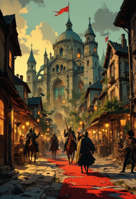 A medieval fantasy scene, set in a European castle or town. The scene is bathed in golden, late afternoon light, casting long shadows and creating a warm, ethereal atmosphere. The central focus is a grand, domed cathedral with ornate Gothic architecture, featuring multiple spires and arched windows. The cathedral's dome is adorned with intricate carvings and a red flag waves from its highest point. In the foreground, a cobblestone street is flanked by wooden buildings with thatched roofs, illuminated by soft, warm lights from lanterns hanging overhead. The street is adorned with a red carpet running down the center, adding a touch of grandeur. Several armored knights, dressed in heavy chainmail and helmets, walk down the street, some on horseback, creating a sense of nobility and authority. The knights' armor is detailed with intricate designs, emphasizing their status. The background showcases more buildings and a bustling market scene, with people milling about and engaging in various activities. The overall texture of the image is highly realistic, capturing the rich textures of stone, wood, and metal, with a meticulous attention to detail that brings the scene to life. The overall color palette is dominated by warm oranges, reds, and greens, with a touch of cool blue in the sky and the stone architecture. The scene is rich in detail. Anime art, pscho_4rt, surreal, glitch, aidmafluxpro1.1