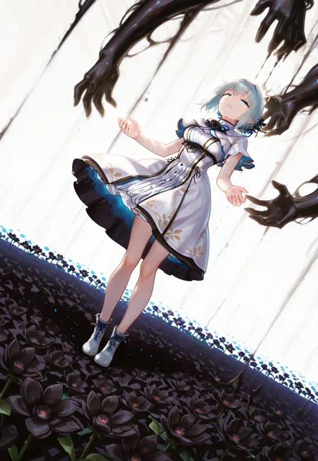 great quality,1girl,solo focus,dynamic angle,Dutch angle, ,full body, white dress, black flower garden,flower ground, silver hair,black monster hand behind girl,disembodied hand reaching out from behind, Chindal effect,light particle,(sad,crying, tears),blue eyes,half closed eyes,(black disembodied hand),white background
