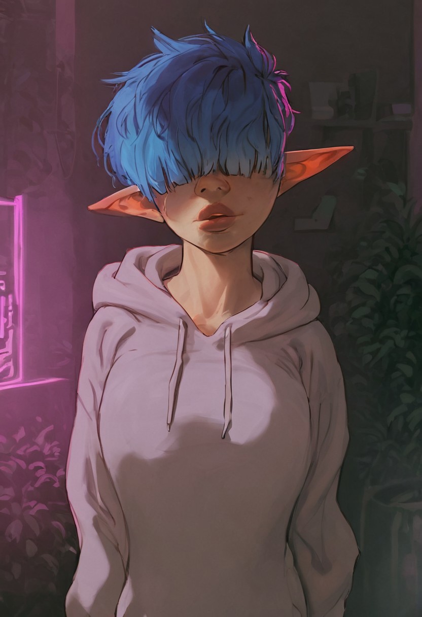 <lora:DarcyPony1.0:0.75> darcy, elf ears, 1girls, very short hair, pixie cut, solo, uncensored, full body shot, tomboy, large breast, perky breasts,, blue hair, slim waist, score_9, score_8_up, score_7_up, score_6_up, <lora:Smooth Anime Style LoRA XL:1>, standing, hair over eyes, viewed from front, viewed from above
gray hoodie, bottomless, loose hoodie, baggy clothes, thick lips, big lips, big hoodie, oversized hoodie,
looking at viewer, looking up at viewer, hair over eyes, messy hair, very messy hair,
, plants on the windowsill, wall of plants, monstera plant, large plant, tidy bedroom, small room, cramped bedroom, cyberpunk city view out of the window, neon light, purple neon lights,