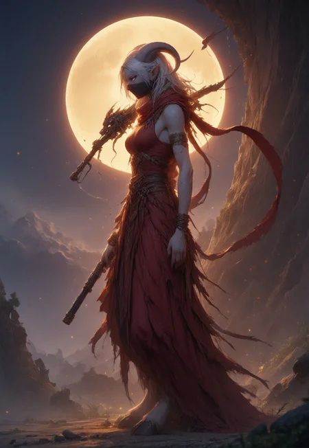 (absurdres, best quality, masterpiece:1.4), score_9, score_8_up, score_7_up, score_6_up, detailed, detailed body, detailed face, world of warcraft, fantasy, <lora:add-detail-xl:1.5>,
fFaceDetail, SkinDetail, ((female, draenei, tall, athletic arms, pale white skin, smooth skin, long white hair, purple eyes, no pupil, no sclera, long white tail), (h0rns, ram horns, white horns),
(long fingers, purple fingernails, purple nail polish)),
(long loose red dress, simple armlet, black facemask, red silk scarf), GunMonk, shotgun, holding shotgun,
full body, side view
outdoor, evening, mountains, moon