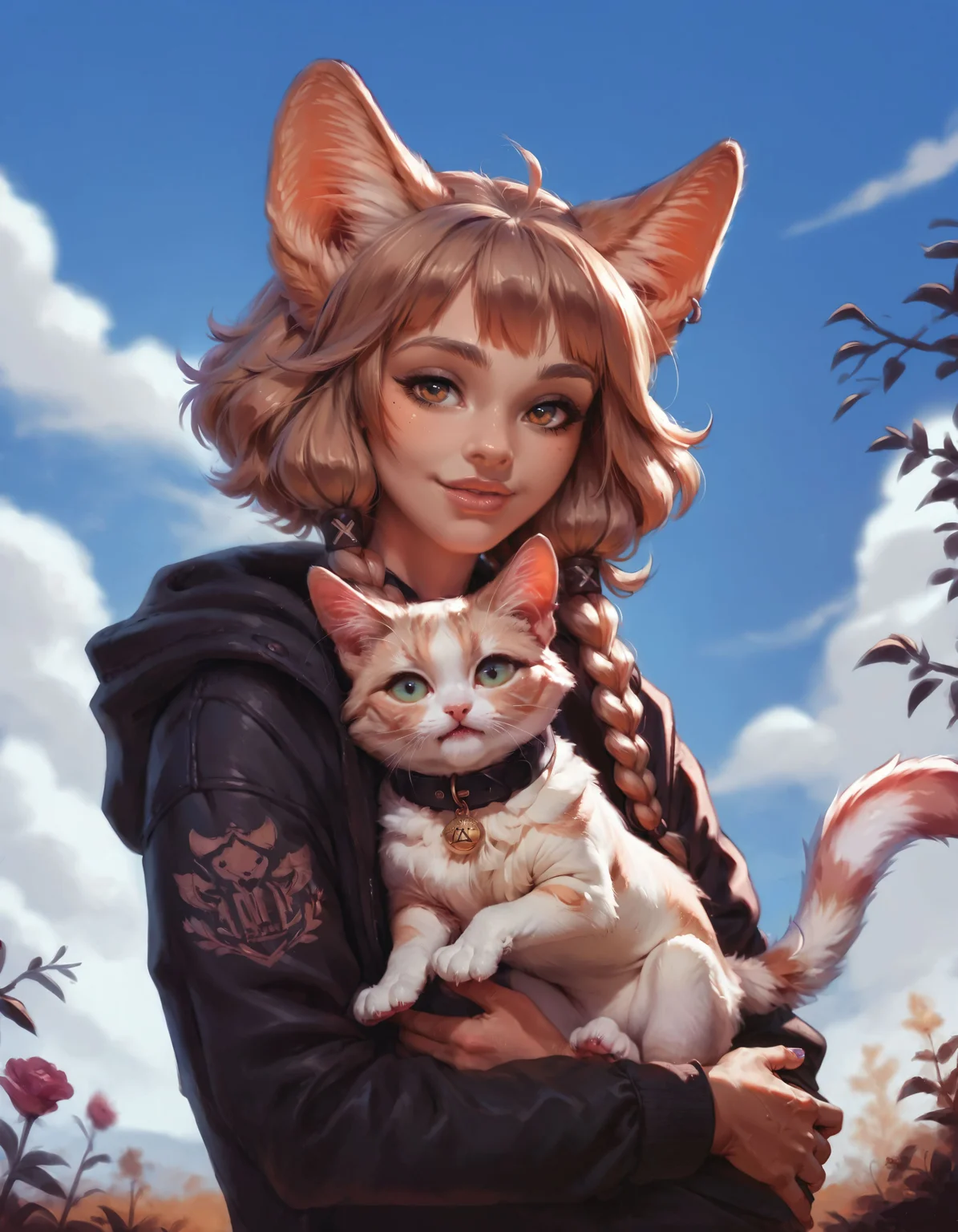 score_9, score_8_up, score_7_up,score_6_up,<lora:sinfully_stylish_SDXL:0.8>, <lora:Expressive_H-000001:0.8>, <lora:Concept Art Twilight Style SDXL_LoRA_Pony Diffusion V6 XL:0.8>, <lora:StS_age_slider_v1_initial_release:0>,<lora:p3tl0v3XLP:0.8>,BREAK,khiara \(personal ami\),petite,skinny,smile,flat chest,brown eyes,braids,solo,1girl,jacket,animal ears,(fluffy tail),hugging cat,p3tl0v3,dutch angle,upper body,garden view,concept art,expressiveh, realistic, beautiful aesthetic,