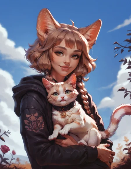 score_9, score_8_up, score_7_up,score_6_up,<lora:sinfully_stylish_SDXL:0.8>, <lora:Expressive_H-000001:0.8>, <lora:Concept Art Twilight Style SDXL_LoRA_Pony Diffusion V6 XL:0.8>, <lora:StS_age_slider_v1_initial_release:0>,<lora:p3tl0v3XLP:0.8>,BREAK,khiara \(personal ami\),petite,skinny,smile,flat chest,brown eyes,braids,solo,1girl,jacket,animal ears,(fluffy tail),hugging cat,p3tl0v3,dutch angle,upper body,garden view,concept art,expressiveh, realistic, beautiful aesthetic,