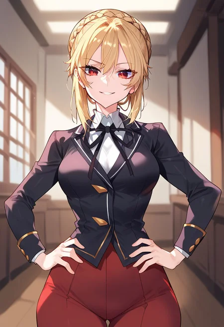 zPDXL3, score_9_up, score_8_up, score_7_up, (Anime_source), 1girl, Angelica.R.R., red eyes, blonde hair, long hair, bun hair, braid, academic clothes, parted lips, smile, looking at viewer, cowboy shot, from front, hand on hips