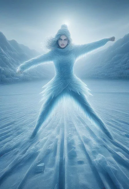 fr0stwrld, snow, ice, 32k UHD fantasy movie still, photograph, an ice monster, ice background, high action pose, interesting camera angle, warm colors, texture, cinematic realism, high action pose, correct digits, intricately detailed, Cinematic style, Beauty, Realism, Photorealism, Chiaroscuro, High quality