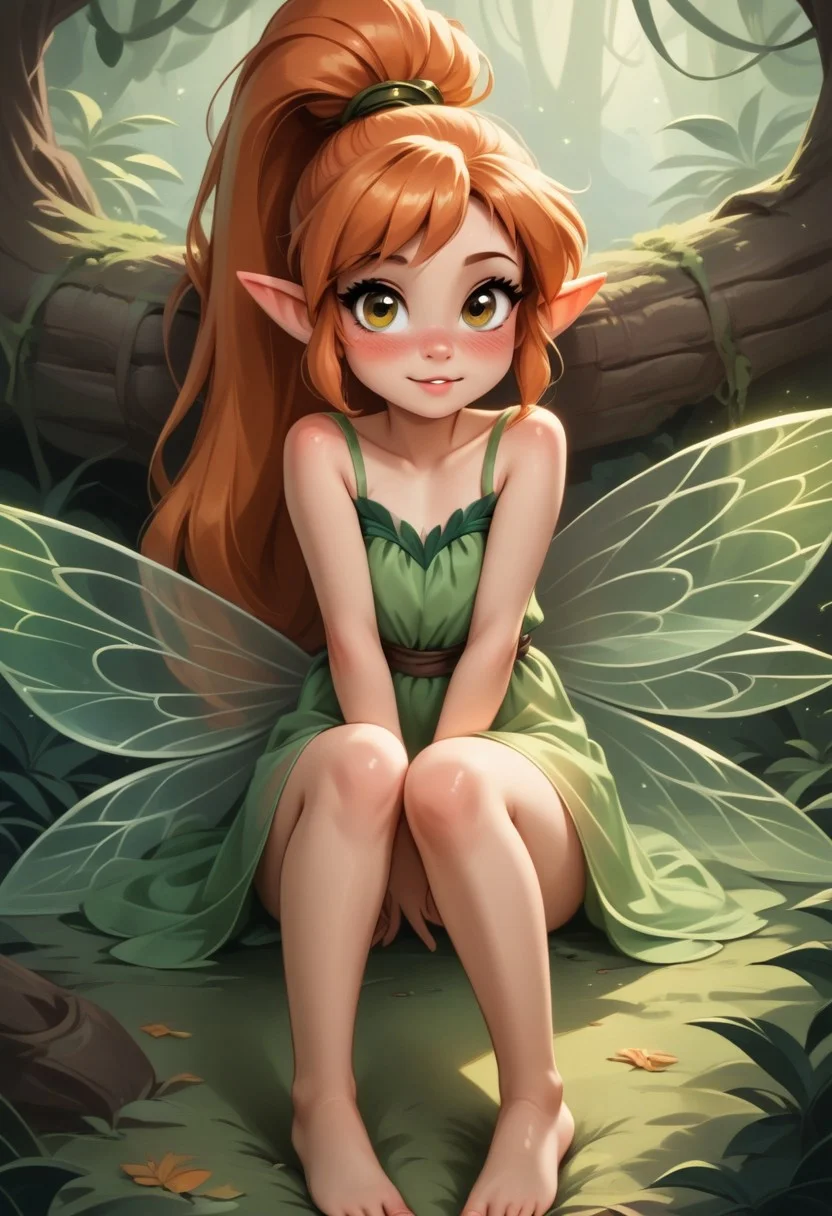 masterpiece, 8k, perfect ligthing, , child, 1girl, female, looking at viewer, cinematic lighting, Fawn, young face, (FawnWaifu:1.1), single ponytail, extra long ponytail, translucent dress, (extra long white fairy wings), long wings, green clothes, clothes made from leaves, ginger hair, golden eyes, pointy ears, (detailled eyes), shrunken, lying on side, lying on ground, blush, pixiedust, jungle, treehouse, <lora:FawnTinkerbellDisney-08:0.6> <lora:realisticGlossyFaceSkin_rseromanticRsesofiko:0.3><hypernet:empty:0.5>