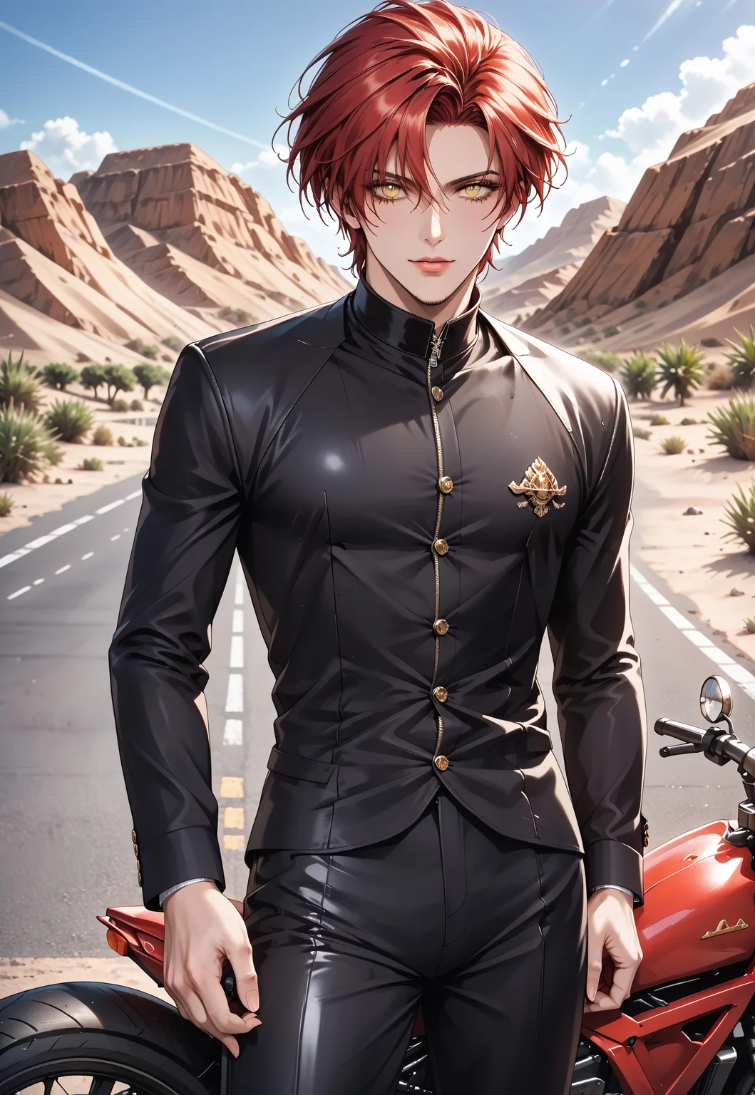 (solo), 1boy, motion lines, male focus, close up, standing
masculine face, daddy looking face, masculine, handsome, red hair, yellow eyes, no beard,
(((motorbike suit))), perfect hands,
Not muscled, fit body, slim body, narrow waist,
detailed face, detailed body, detailed eyes, perfect anatomy,
masterpiece,best quality,amazing quality,
<lora:cfg_scale_boost:0.2>, <lora:add-detail-xl:0.2>, <lora:NAI_QualityV1.1:0.2>,
Outdoor, road, (((desert)))