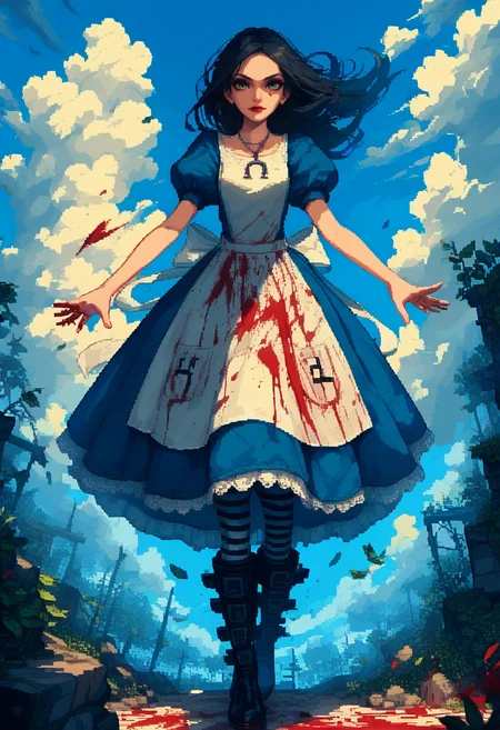 1girl, solo, black hair, green eyes, apron, blue dress, makeup, blood on apron, AMRCD, necklace, front shot, striped pantyhose, belt boots, falling from the sky, blue sky and clouds background, <lora:d3p1x3lXLP:0.8> d3p1x3l, pixel art, <lora:AliceMadnessReturnsSPonyV11:1>, score_9, score_8_up, score_7_up,