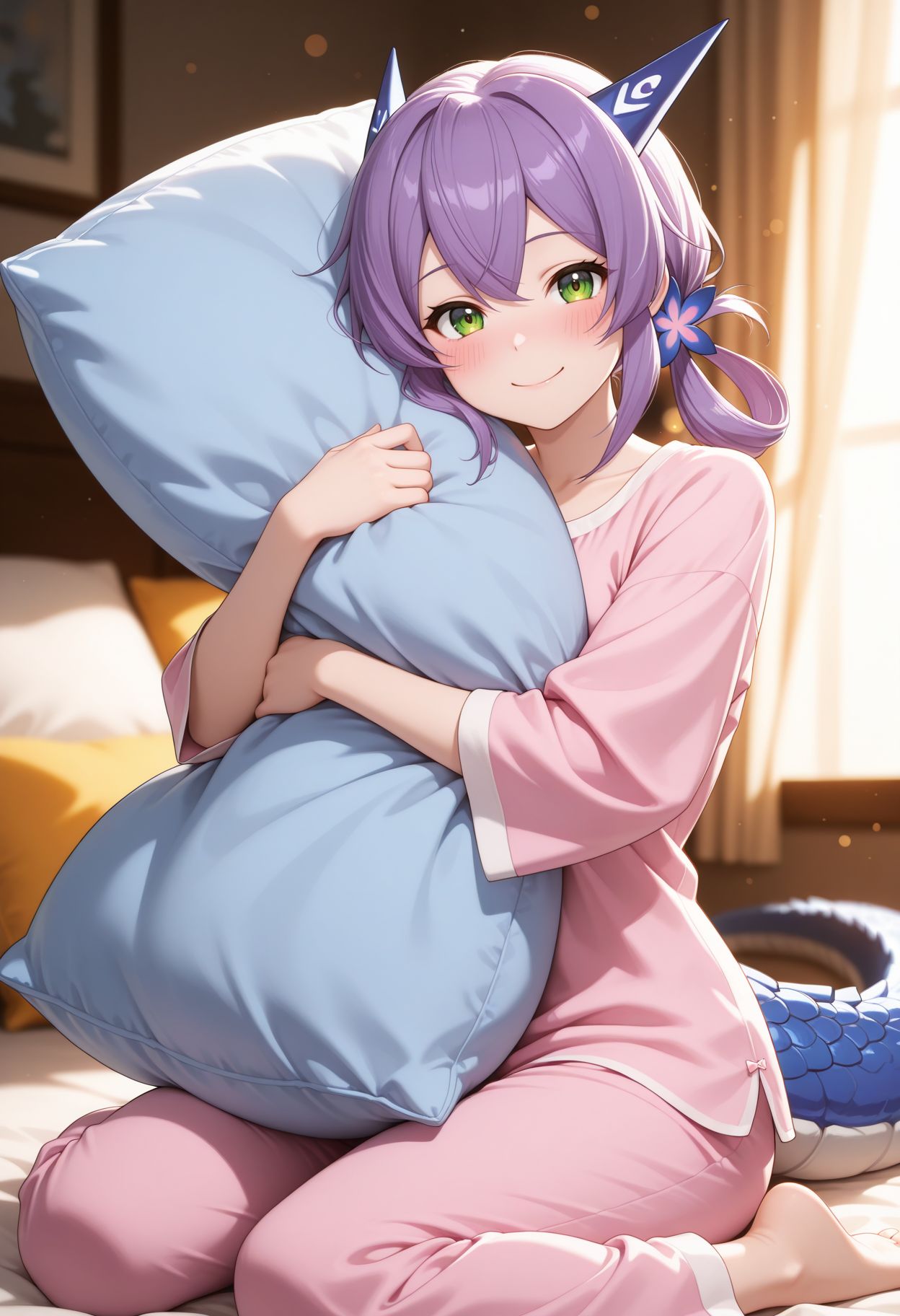 masterpiece,best quality,absurdres,highres,very aesthetic,high quality,detailed,insanely detailed,beautiful,perfect lighting, ,depth of field,blurry background,bokeh, looking at viewer,  smile, 
 <lora:Flatorte illu:1> 1girl, purple hair, long hair, green eyes, hair ornament, dragon girl, dragon tail, barefoot, pillow hug, brown hair, brown eyes, long hair, hugging object, pajamas, smile, sitting, wariza, blush, simple background, dakimakura (object), looking at viewer