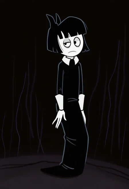 CrepSuc, 1girl, pale white skin, black hair, bob_cut, black eyes, lazy_eye, black hair_bow, white collar, black long_dress, white_wrist_cuffs, parody, cartoon, source_cartoon, staring at viewer, dark background, full body,